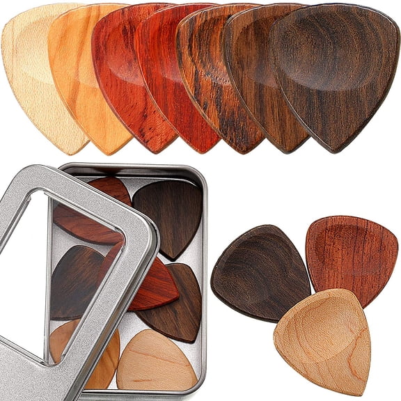 10 Pieces Exotic Wood Guitar Picks, 1 Guitar Picks Box Wooden Guitar Plectrums in African Red Sandalwood Chacate Preto Olive Wood Rosewood Maple Ebony Golden Sandalwood for Archtop Guitar
