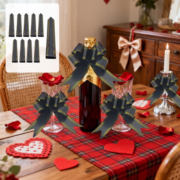 10 Pieces Flower Ribbon Bows for Party Decoration, DIY Plastic Bow Ties for Wedding Christmas Birthday Holiday Party Backdrop and Gift Wrapping(Black)