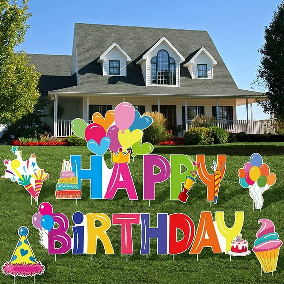 10 Pieces Happy Birthday Lawn Yard Signs with Stakes Colorful Outdoor Birthday Sign Corrugated Plastic Signs with Letters, Party Hat, Hearts, Fireworks, Balloons, Ice cream