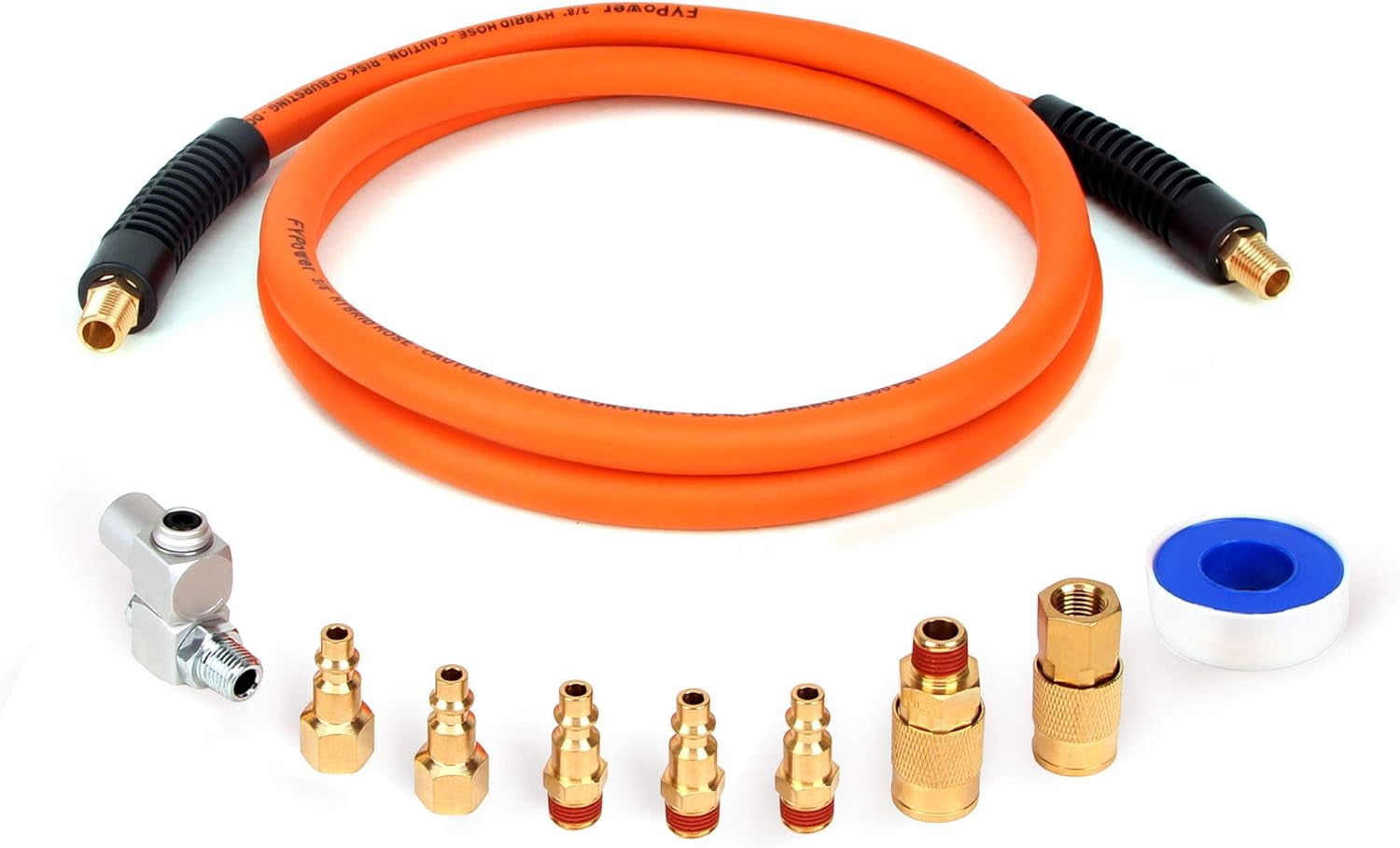 10 Pieces Hybrid Lead-in Air Hose kit, 3/8 Inch x 6 ft Whip Air Compressor Hose Kit, 1/4" NPT Air Coupler and Plug, Industrial Solid Brass Quick Connect, 360° Swivel Connector