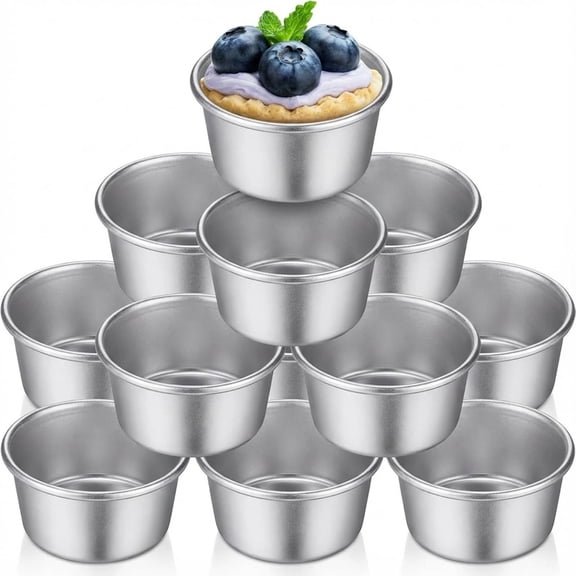 10 Pieces Individual Flan Molds Egg Tart Molds Pudding Cups Mini Chocolate Molten Pans Carbon Steel Cupcake Cake Cookie, Round Nonstick Popover Bakeware Tumblers(2.6 x 2 x 1.3 Inch)