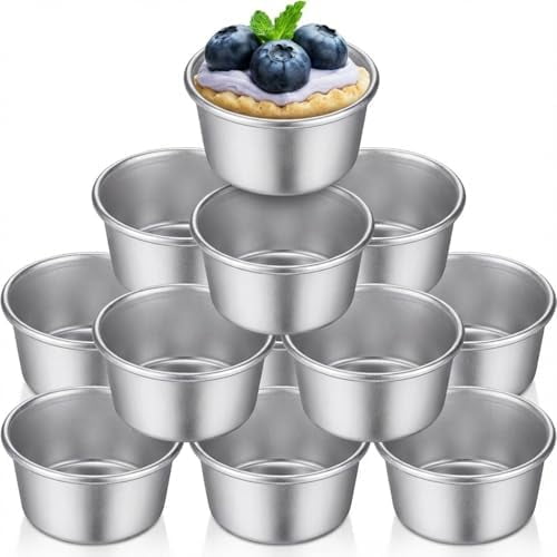 10 Pieces Individual Flan Molds Egg Tart Molds Pudding Cups Mini Chocolate Molten Pans Carbon Steel Cupcake Cake Cookie, Round Nonstick Popover Bakeware Tumblers(2.6 x 2 x 1.3 Inch)