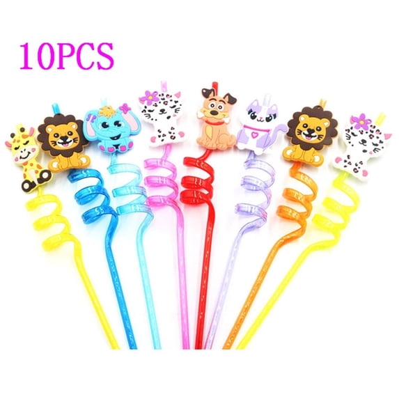10 Pieces Jungle Safari Zoo Animal Theme Party Supplies Straws Reusable Plastic for Kids Birthday Favors, Family Table Decorations