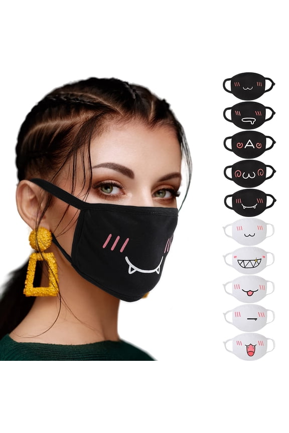 10 Pieces Kawaii Mask Anime Face Mouth Mask Cute Mouth Covering Reusable Washable Mouth Mask, Black and White