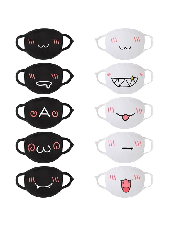 10 Pieces Kawaii Mask Anime Face Mouth Mask Cute Mouth Covering Reusable Washable Mouth Mask, Black and White