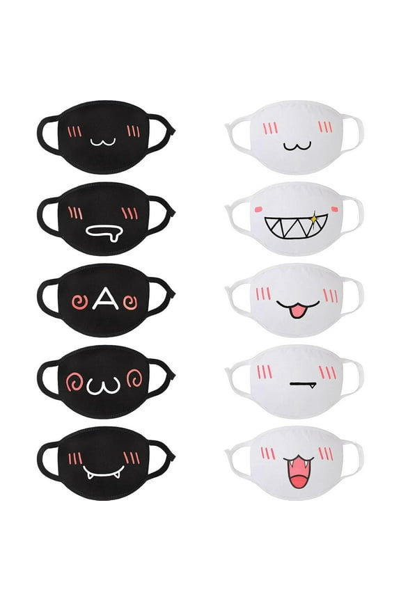10 Pieces Kawaii Mask Anime Face Mouth Mask Cute Mouth Covering Reusable Washable Mouth Mask, Black and White