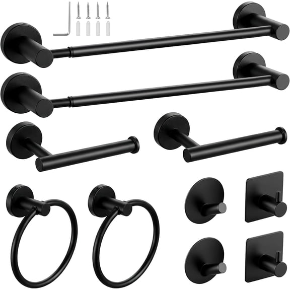 10-Pieces Matte Black Bathroom Accessories Set,Adjustable 14.5-24 Inch Bath Towel Bar Set, SUS 304 Stainless Steel Hardware Racks for Wall Mounted