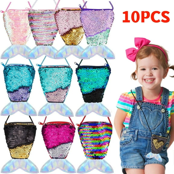 10 Pieces Mermaid Tail Coin Purse Sequin Crossbody Coin Wallet Bags for Kids Little Girls Mermaid Party Birthday Gifts