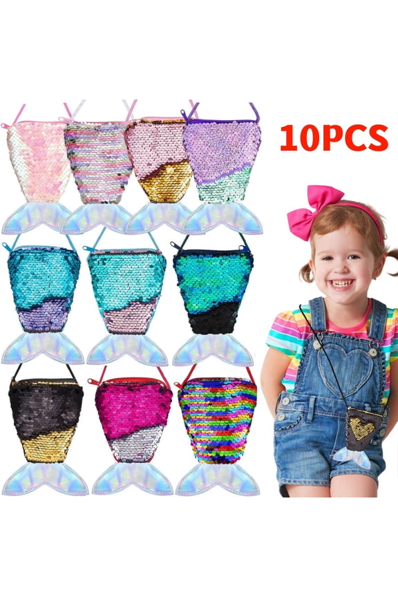 10 Pieces Mermaid Tail Coin Purse Sequin Crossbody Coin Wallet Bags for Kids Little Girls Mermaid Party Birthday Gifts