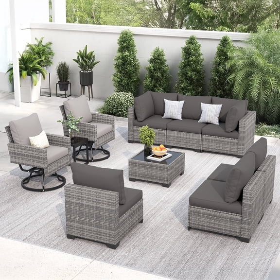 10 Pieces Outdoor Patio Furniture Set with Swivel Chairs, Wicker Sectional Sofa Set Rattan Modular Patio Conversation with Cushions Couch & Coffee Table for Garden, Balcony, Porch, Grey-Grey