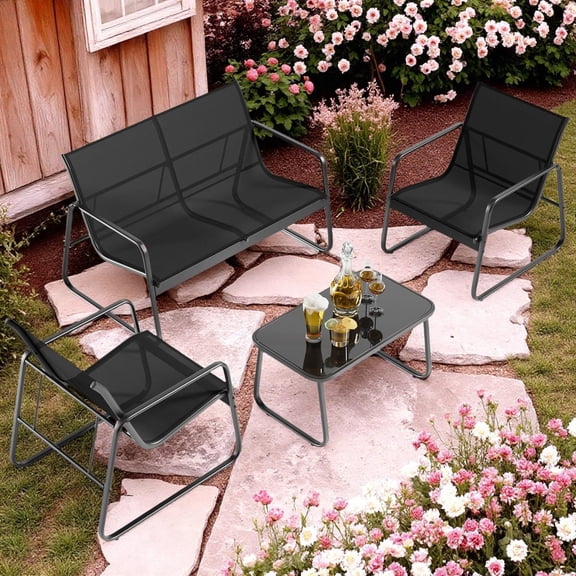 4 Pieces Outdoor Patio Furniture Set with 3 Chairs and 1 Metal Coffee Table for Backyard | Poolside | Porch, Black