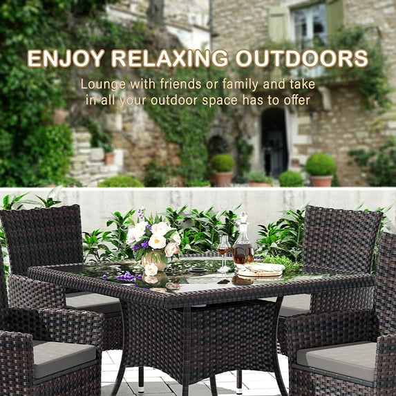 10 Pieces Outdoor Rattan Dining Set with 2 Tempered Glass Tables and 8 Cushioned Chairs for Patio, Backyard & Garden