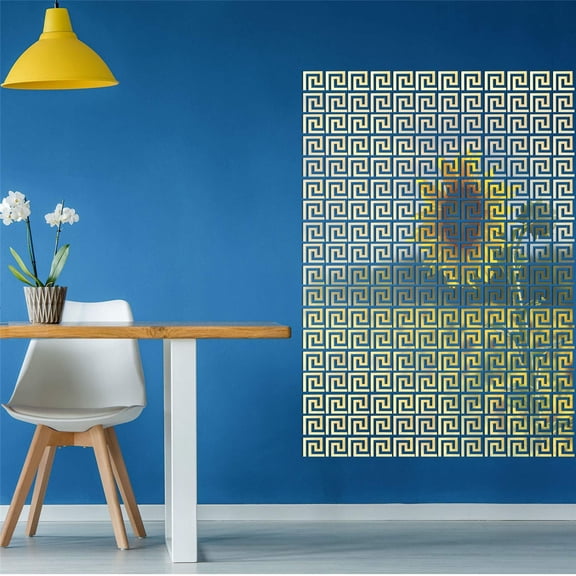 10 Pieces Removable Acrylic Mirror Setting Wall Sticker Decal Geometric Greek Key Pattern DIY Vinyl Art Wall Sticker Art Home Decoration for Home Living Room Bedroom Decor (Gold)