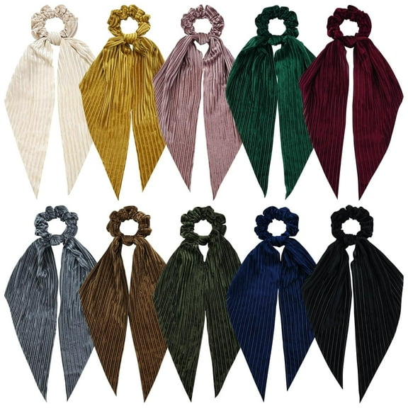 10 Pieces Solid Velvet Hair Ties with Long Ribbon Bow Tail Hair Scrunchies Bands Ponytail Holders Elastics Accessories for Women Girls