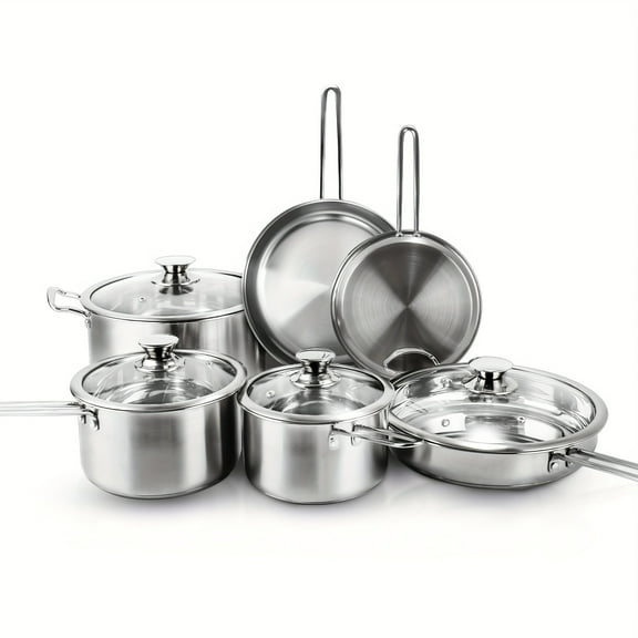 10 Pieces Stainless Steel Pots And Pans Set, Kitchen Cookware Sets, Induction Cooking Set Compatible With All Stovetops