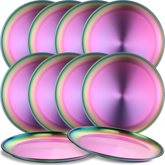 10 Pieces Stainless Steel Rainbow Plates 10.2 Inches Reusable Metal Plates Round Dinner Dishes Colorful Unbreakable Metal Platter for Camping Party Picnic BBQ Dessert Salad