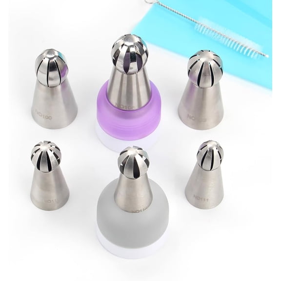 10 Pieces Stainless Steel Russian Twist Flower Icing Tips Set, 3 Big Ball Piping Tips,3 Small Ball Piping Tips,1 Pastry Bags,1 Cleaning Brush,2 Plastic Couplers,Cake Decorating Piping Tips Set