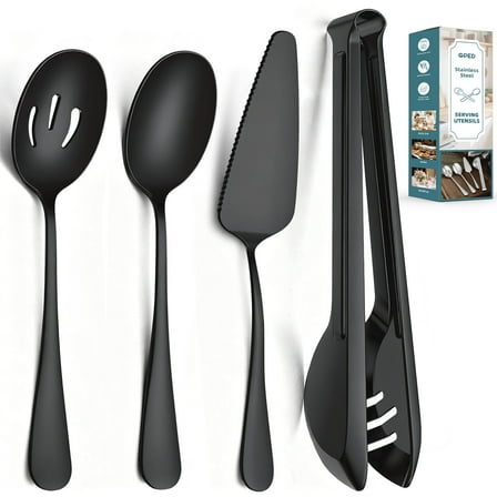 GPED 10 Pieces Stainless Steel Serving Utensils, Large Serving Utensils Set for Partie, Include 8.7" Pie Cake Server, 8.7" Serving Spoons, 8.7" Slotted Spoons, and 9.4" Tongs (Black)