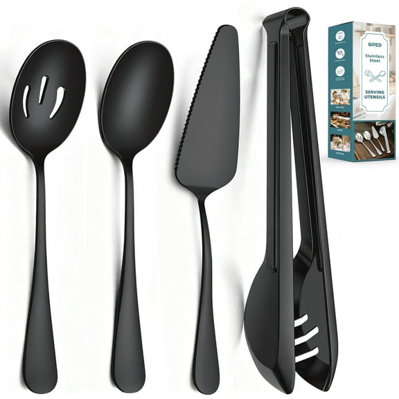 GPED 10 Pieces Stainless Steel Serving Utensils, Large Serving Utensils Set for Partie, Include 8.7" Pie Cake Server, 8.7" Serving Spoons, 8.7" Slotted Spoons, and 9.4" Tongs (Black)