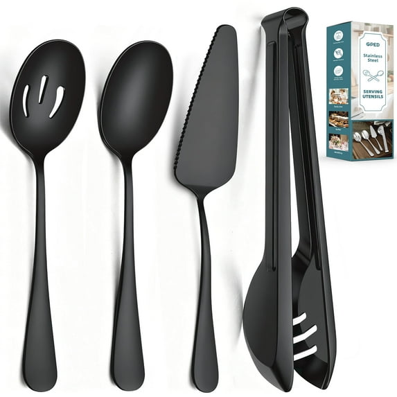 GPED 10 Pieces Stainless Steel Serving Utensils, Large Serving Utensils Set for Partie, Include 8.7" Pie Cake Server, 8.7" Serving Spoons, 8.7" Slotted Spoons, and 9.4" Tongs (Black)