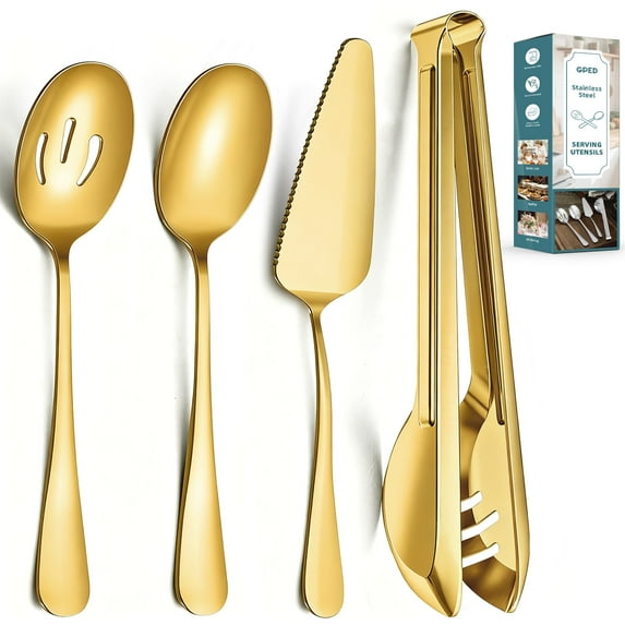 GPED 10 Pieces Stainless Steel Serving Utensils, Large Serving Utensils Set for Partie, Include 8.7" Pie Cake Server, 8.7" Serving Spoons, 8.7" Slotted Spoons, and 9.4" Tongs (Gold)
