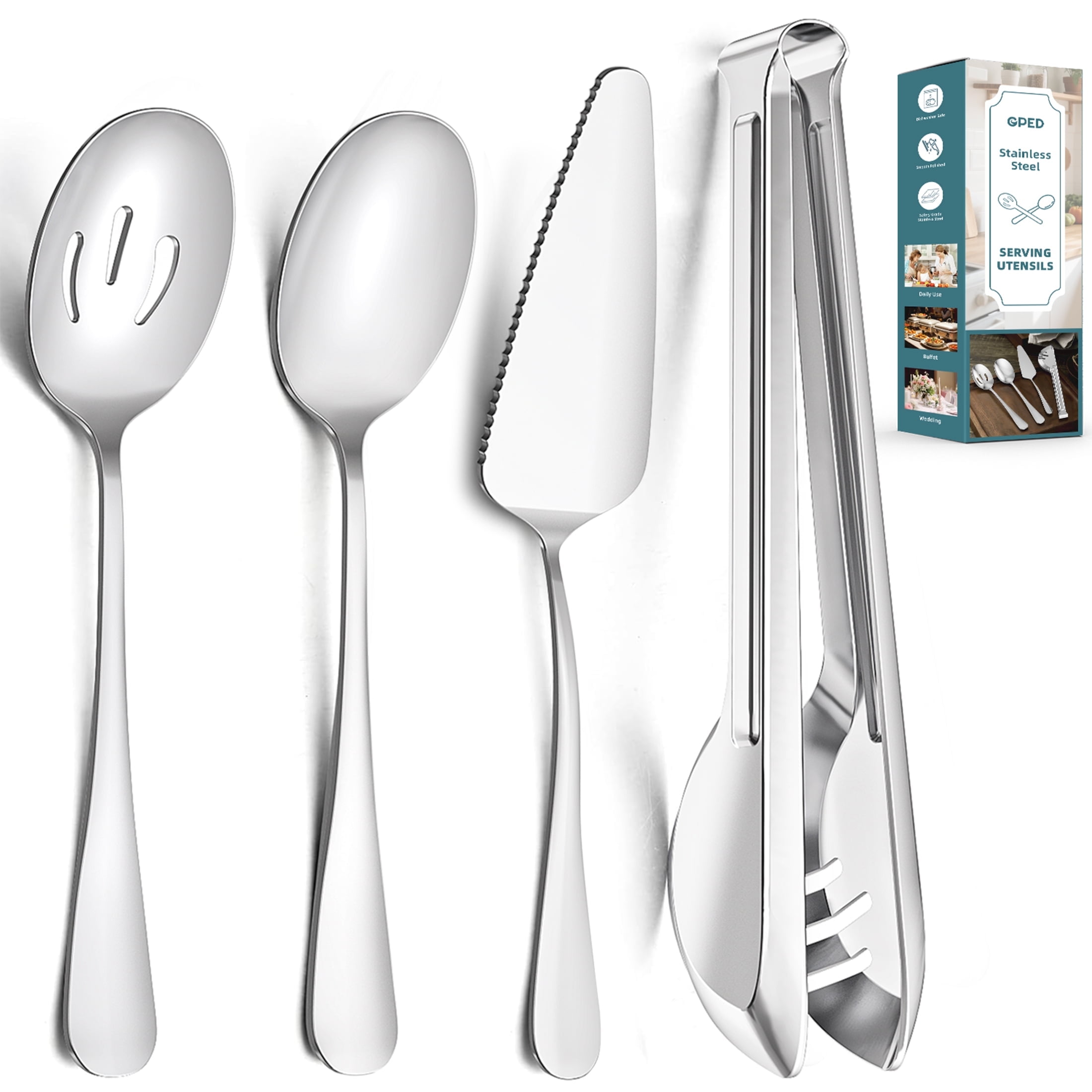 GPED 10 Pieces Stainless Steel Serving Utensils, Large Serving Utensils Set for Partie, Include 8.7" Pie Cake Server, 8.7" Serving Spoons, 8.7" Slotted Spoons, and 9.4" Tongs (Silver) - Walmart.com
