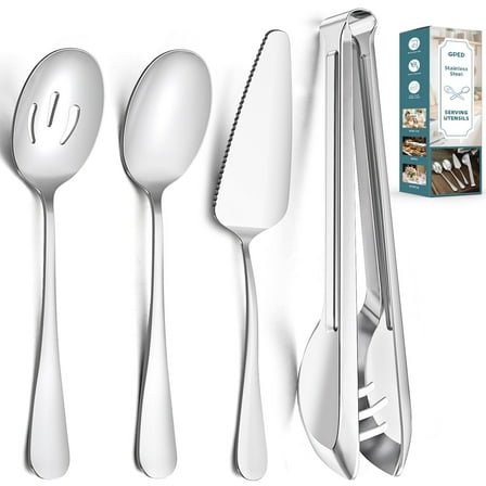 GPED 10 Pieces Stainless Steel Serving Utensils, Large Serving Utensils Set for Partie, Include 8.7" Pie Cake Server, 8.7" Serving Spoons, 8.7" Slotted Spoons, and 9.4" Tongs (Silver)