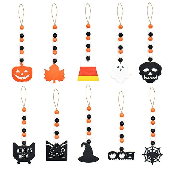 10 Pieces Thanksgiving Tree Ornaments Wood Bead Garland Home Wall Garland with Pumpkin Spider Skeleton Ghost Prayer Bead Kabuer