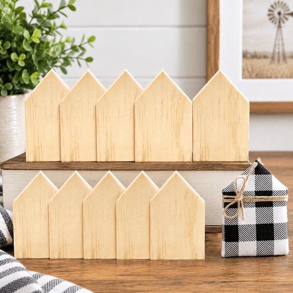 10 Pieces Unfinished House Shaped Wooden Cutouts Rustic Farmhouse Wooden Decorations Wooden Tiered Tray Decor for Home Kitchen Shelf Coffee Bar Table Halloween Christmas Day DIY