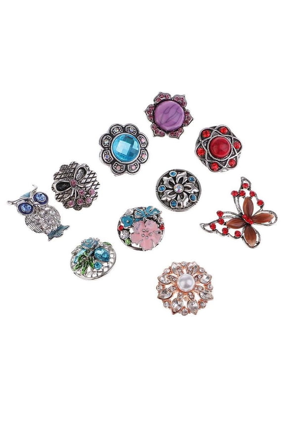 10 Pieces Vintage Design Rhinestone Crystal 18mm Snap Button Alloy Partner Beads Butterfly, Flower, Owl Shapes Women Charm