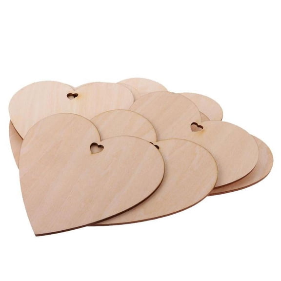 10 Pieces Wood Cutout Shapes Unfinished Heart Slice with Hole for Scrapbooking Craft 12cm