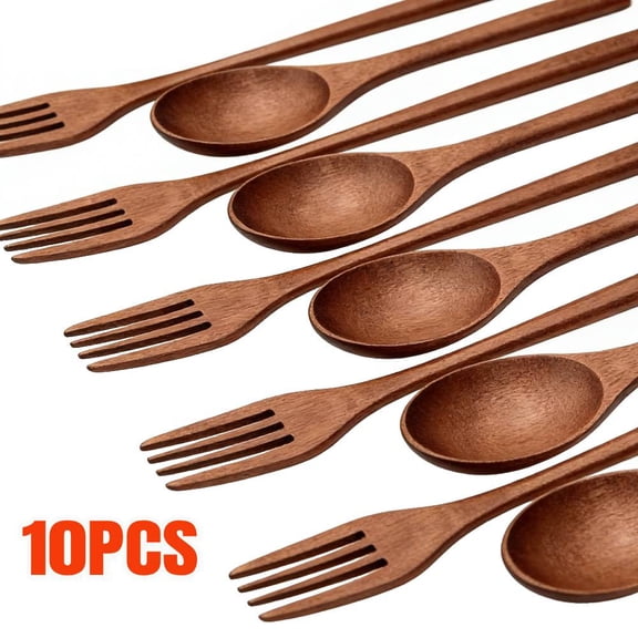 10 Pieces Wooden Spoons Forks Set Wooden Utensils for Eating Wood Dinner Utensil Set Reusable Flatware Tableware Handmade Natural Cutlery Includes Spoon Fork for Cooking Eating Kitchen