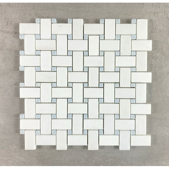 10-Pieces of 1" x 2" Thassos White and Blue Celeste Dot Marble Basketweave Moasic Floor and Wall Tile