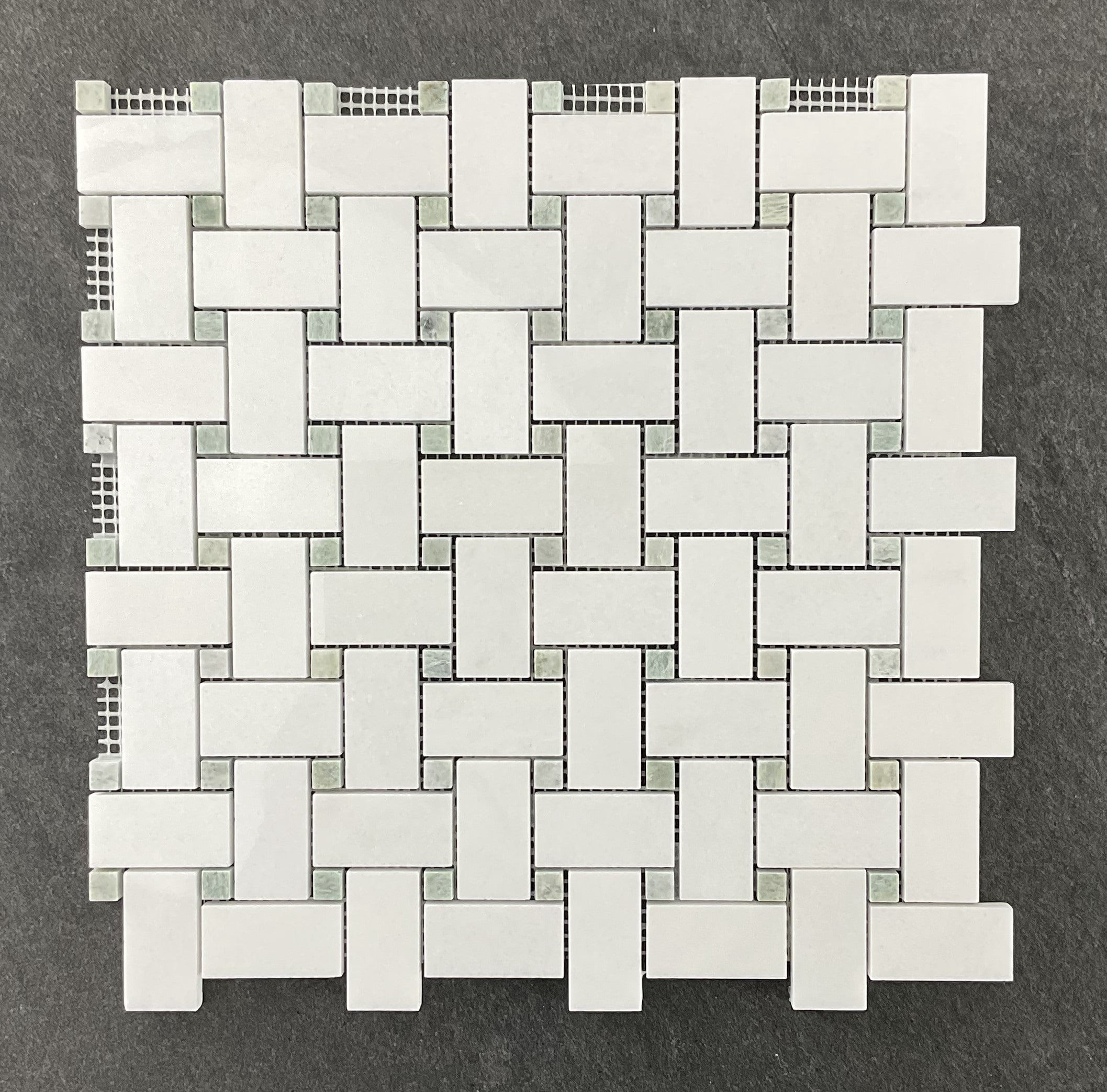 10-Pieces of 1" x 2" Thassos White and Ming Green Dot Marble Basketweave Mosaic Floor and Wall Tile