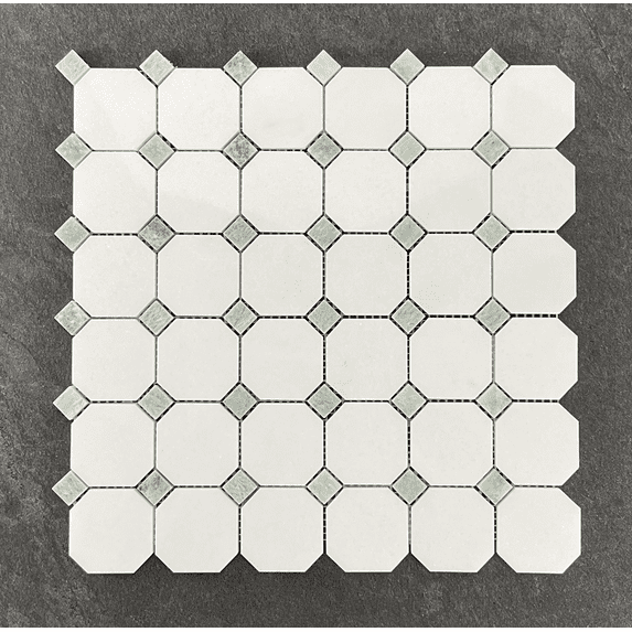 10-Pieces of Thassos White Octagon and Ming Green Dot Marble Mosaic Tile