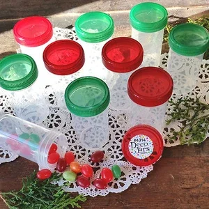 10 Pill Bottle Red Green Cap Jars Plastic Holiday Party Favor 2 Ounce Decojars