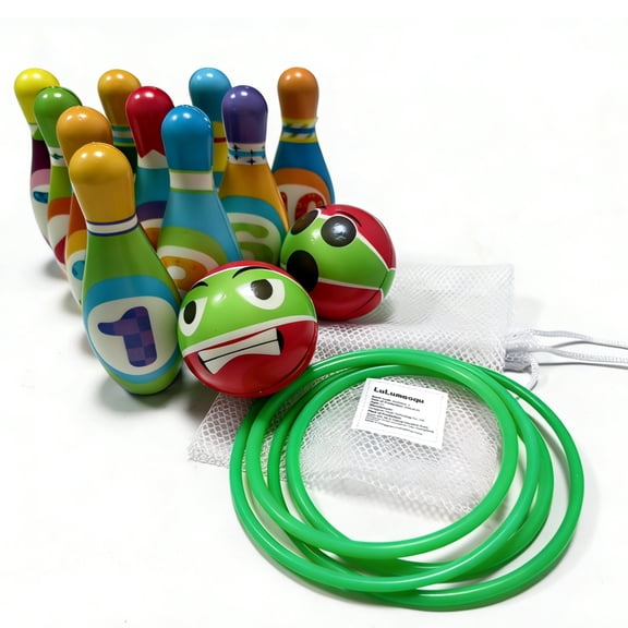 10-Pin Kids Bowling Set Includes 2 Balls, Ring Toss Game & Mesh Bag for Indoor Outdoor