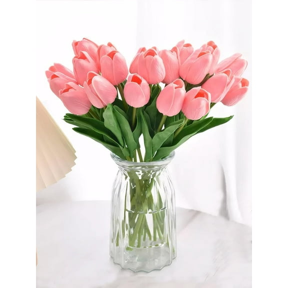 10 Pink Flowers Artificial Tulips Silk Fake Flowers 13.5 Inch for Valentine's Day, Easter, Bulk Home Kitchen Wedding Table Decoration