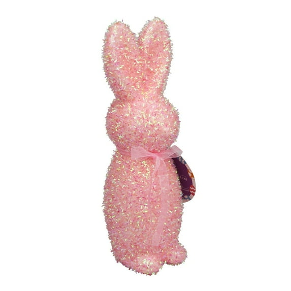 10" Pink Sparkling Easter Bunny Decor - with Glittery Ribbon-Accented Flocked Rabbit Figurines, Cute Bunny for Easter Table, Mantle & Seasonal Ornament