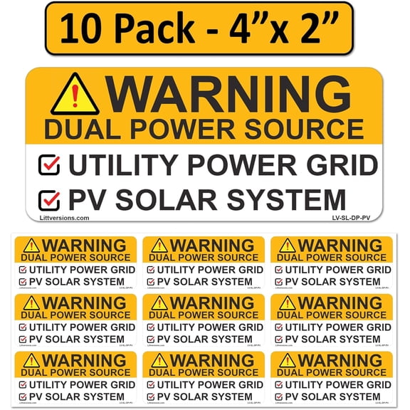 10 Pk 4"x 2" Solar NEC Complaint Waring Dual Power Source Utility Power Grid PV Solar System Labels
