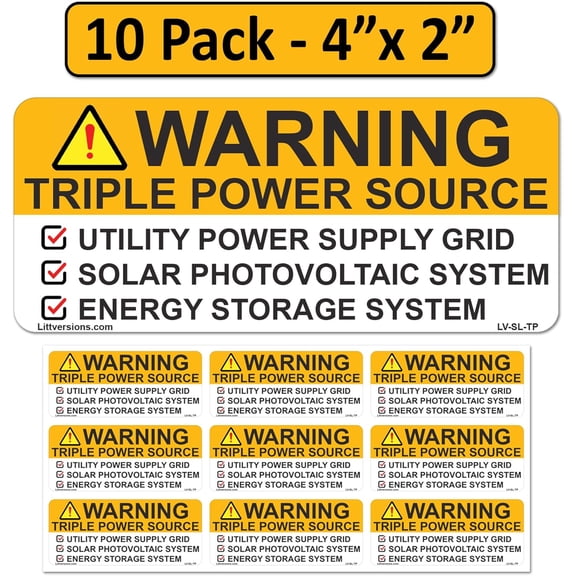10 Pk 4"x 2" Warning Triple Power Source Utility Power Grid Solar Photovoltaic Energy Storage Label