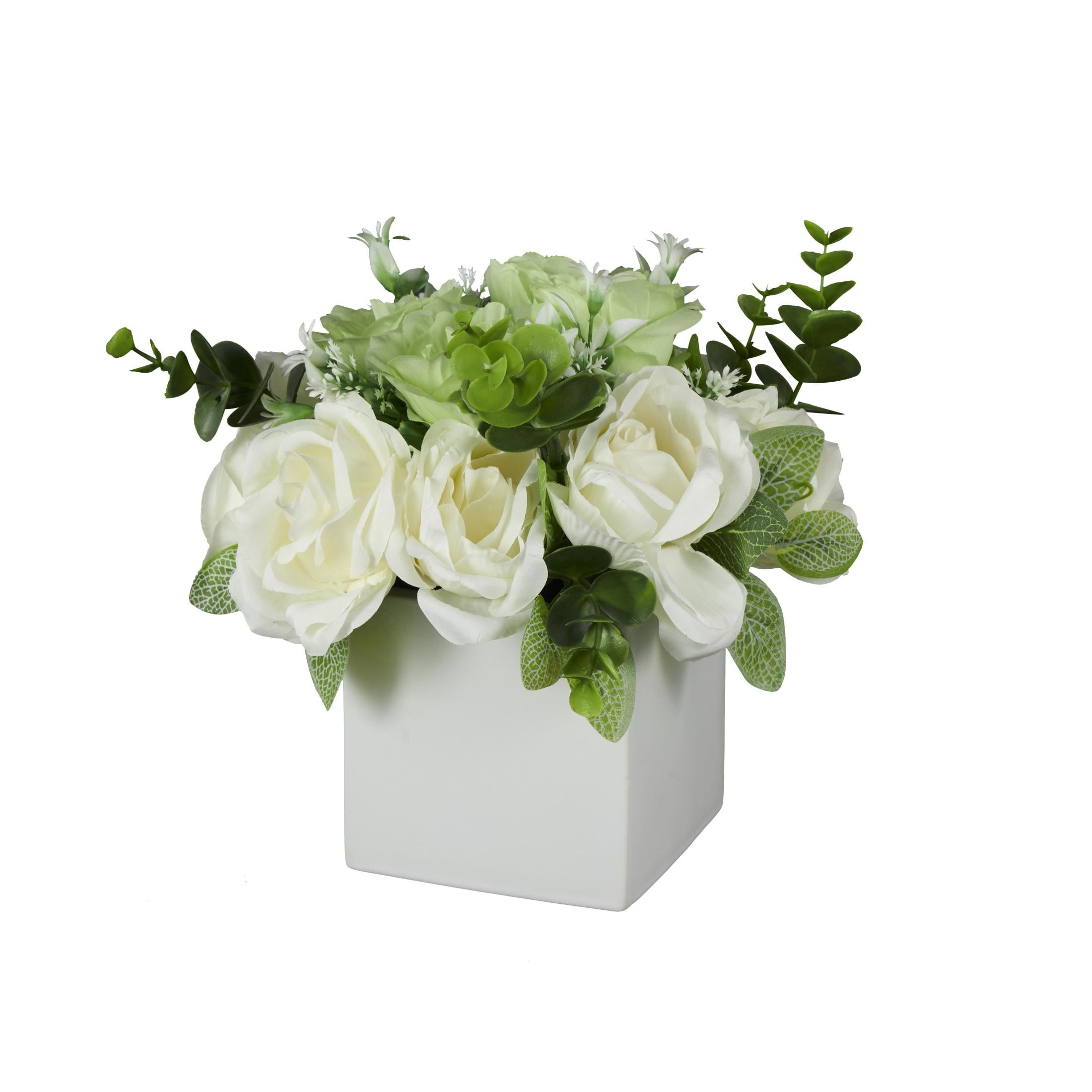 10" Plastic  Hydrangea and Pom Pom Artificial Flower in Green Leaves and Square Ceramic Vase, by DecMode