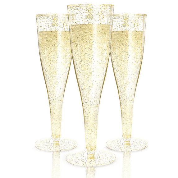 10 Plastic Champagne Flutes | Disposable Champagne Flute | Gold Glitter Plastic Champagne Glasses for Parties - Mimosa Bar, Events, Wedding and Shower Party Supplies