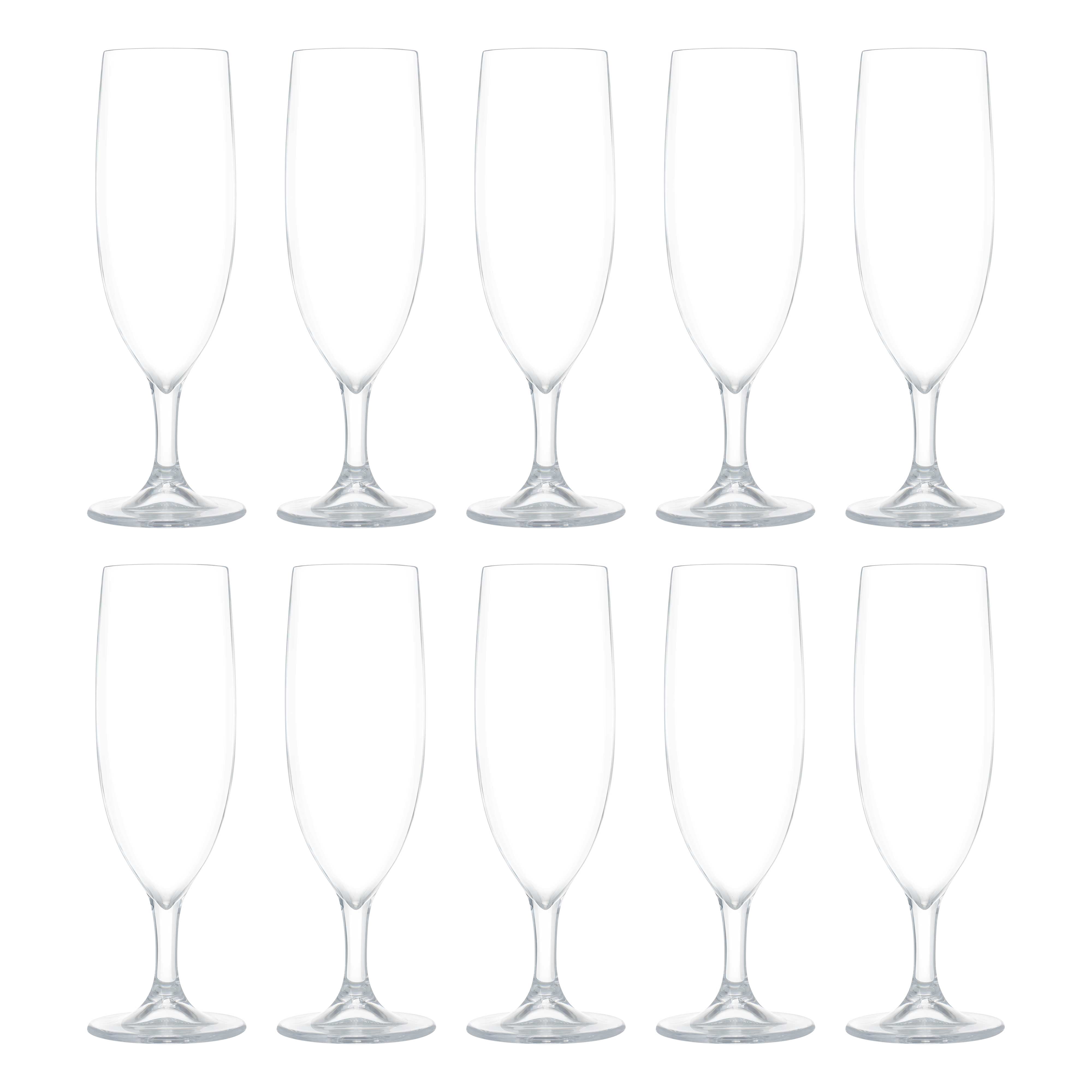 10 Plastic Champagne Flutes Set, 6.7 oz. - Plastic, Barware, Elegant - Clear