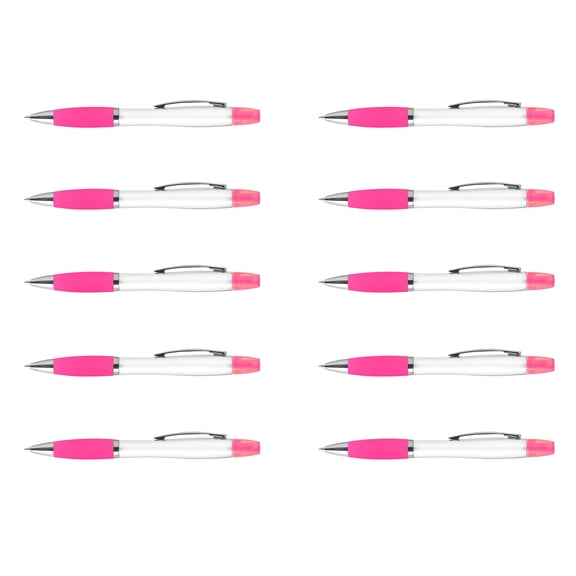 10 Plastic Highlighter Pens Pack - Rubber Grip, Black Ink - Pink