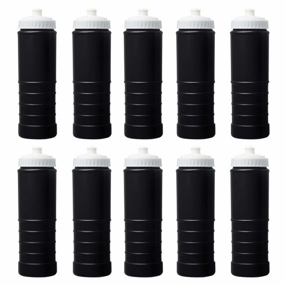 10 Plastic Water Bottles Set, 23 oz. - Screw-On Lid, Grip Design - Black