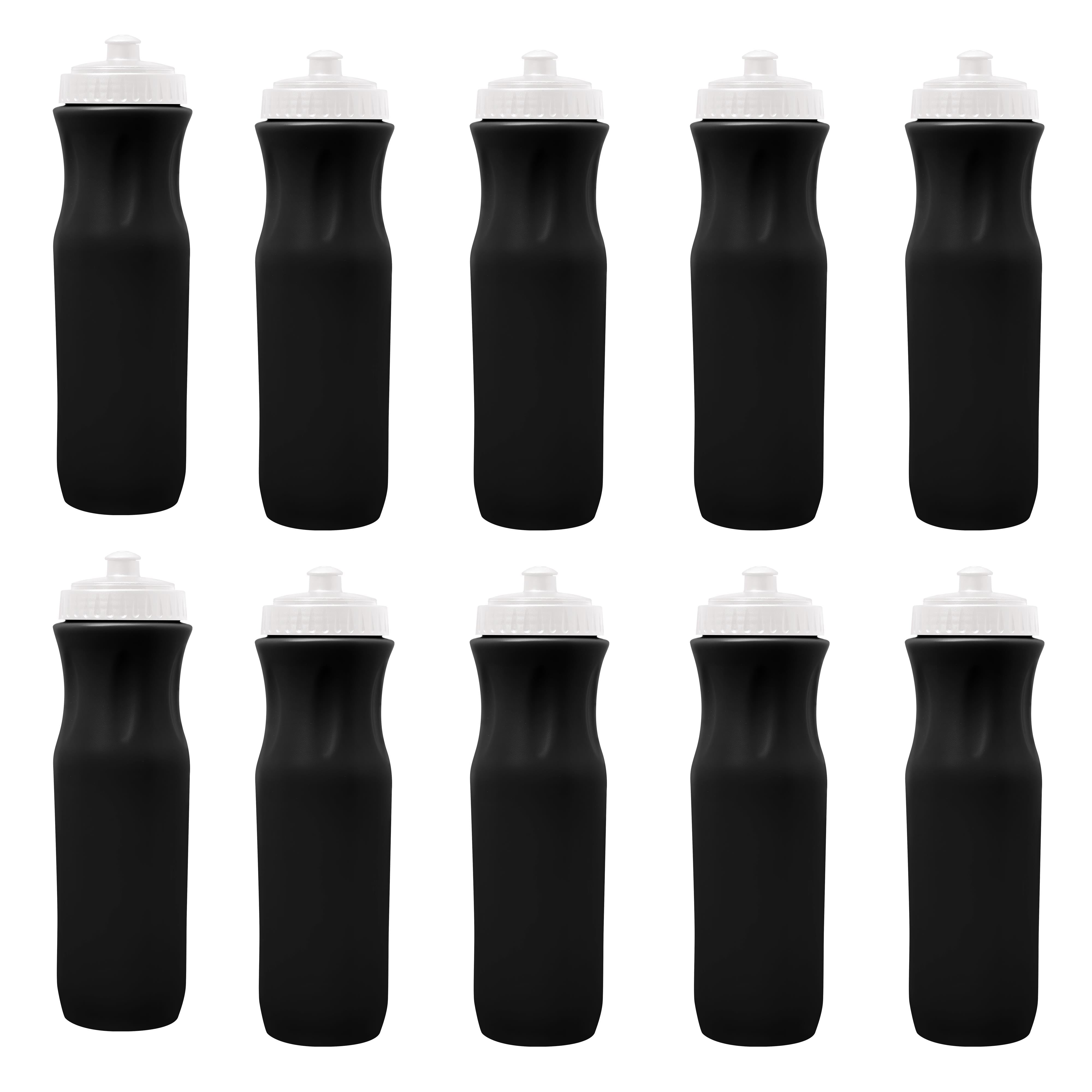10 Plastic Water Bottles Set, 26 oz. - Black Push Top Lid - Black