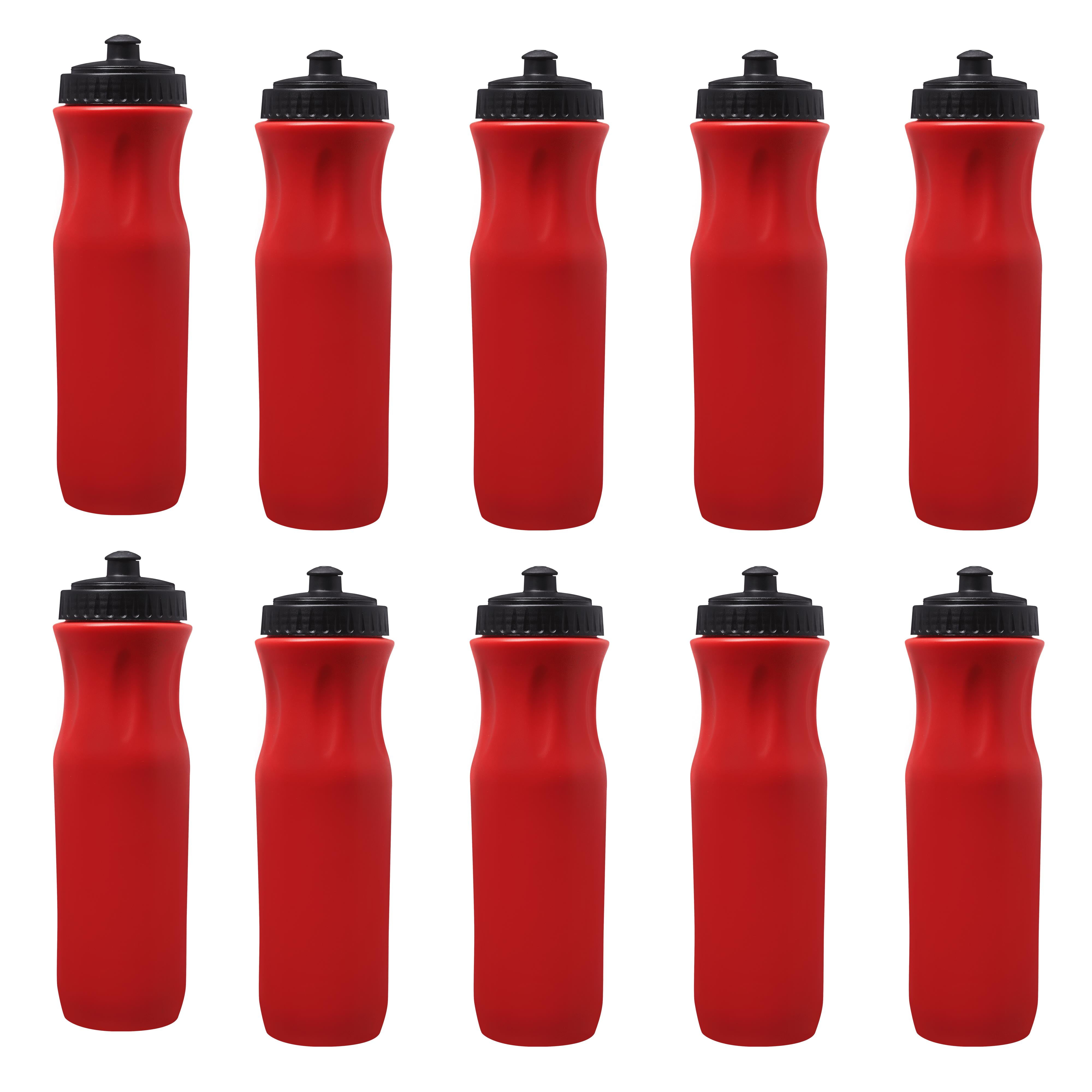 10 Plastic Water Bottles Set, 26 oz. - Black Push Top Lid - Red