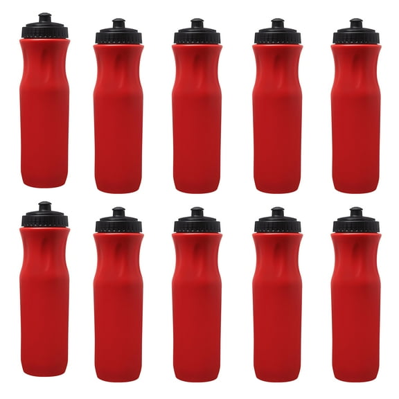 10 Plastic Water Bottles Set, 26 oz. - Black Push Top Lid - Red