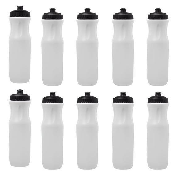 10 Plastic Water Bottles Set, 26 oz. - Black Push Top Lid - White